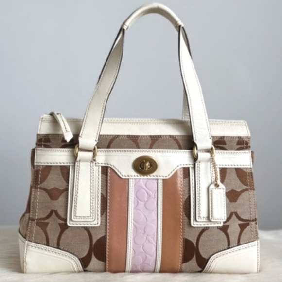 Coach Handbags - COACH  Signature Stripped TurnLock CarryAll Shoulder Bag